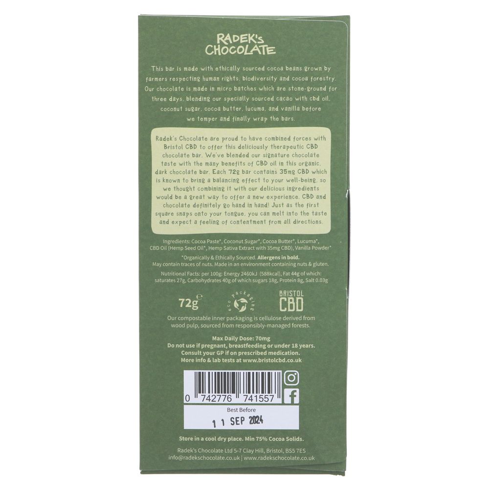 Radeks 75% Dark CBD Chocolate Bar - 72g